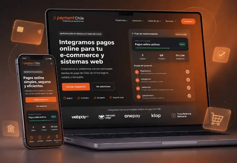 Mockup del sitio web PaymentChile para integración de pagos online